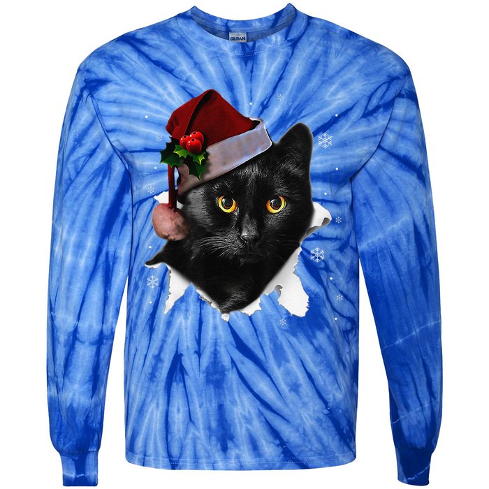 Black Cat Christmas Santa Hat Funny Cat Lover Christmas Tie-Dye Long Sleeve Shirt