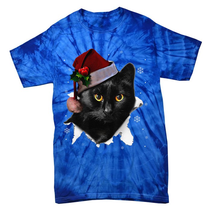 Black Cat Christmas Santa Hat Funny Cat Lover Christmas Tie-Dye T-Shirt