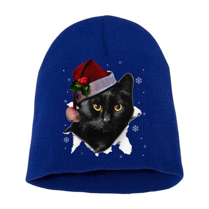 Black Cat Christmas Santa Hat Funny Cat Lover Christmas Short Acrylic Beanie