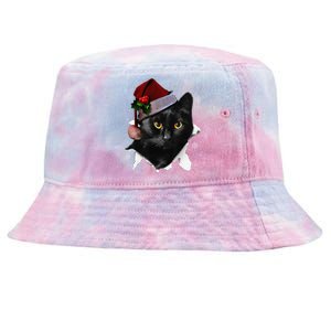 Black Cat Christmas Santa Hat Funny Cat Lover Christmas Tie-Dyed Bucket Hat