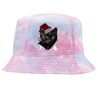 Black Cat Christmas Santa Hat Funny Cat Lover Christmas Tie-Dyed Bucket Hat