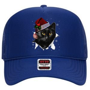 Black Cat Christmas Santa Hat Funny Cat Lover Christmas High Crown Mesh Back Trucker Hat