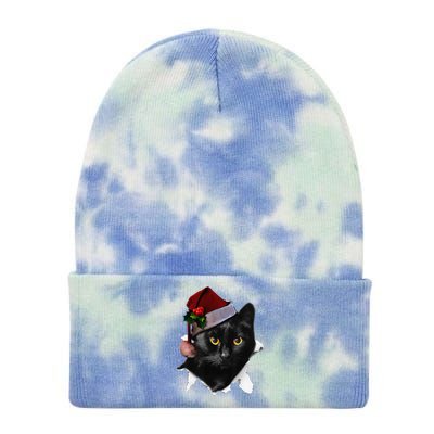 Black Cat Christmas Santa Hat Funny Cat Lover Christmas Tie Dye 12in Knit Beanie