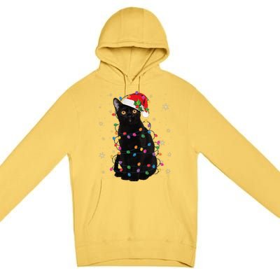 Black Cat Christmas Santa Hat Lights Pajama Xmas Cat Lover Premium Pullover Hoodie