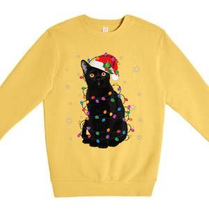 Black Cat Christmas Santa Hat Lights Pajama Xmas Cat Lover Premium Crewneck Sweatshirt