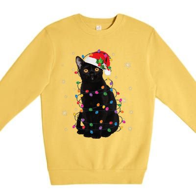 Black Cat Christmas Santa Hat Lights Pajama Xmas Cat Lover Premium Crewneck Sweatshirt