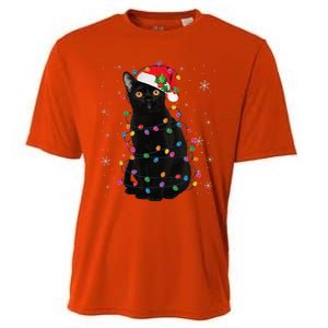 Black Cat Christmas Santa Hat Lights Pajama Xmas Cat Lover Cooling Performance Crew T-Shirt