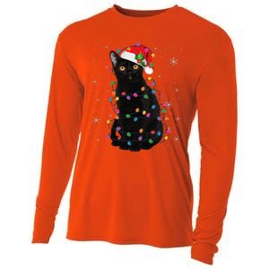 Black Cat Christmas Santa Hat Lights Pajama Xmas Cat Lover Cooling Performance Long Sleeve Crew