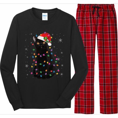 Black Cat Christmas Santa Hat Lights Pajama Xmas Cat Lover Long Sleeve Pajama Set