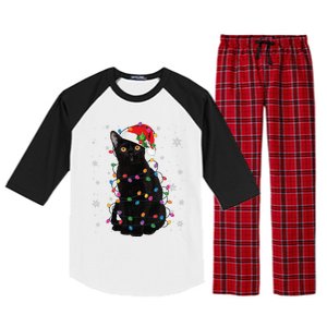 Black Cat Christmas Santa Hat Lights Pajama Xmas Cat Lover Raglan Sleeve Pajama Set