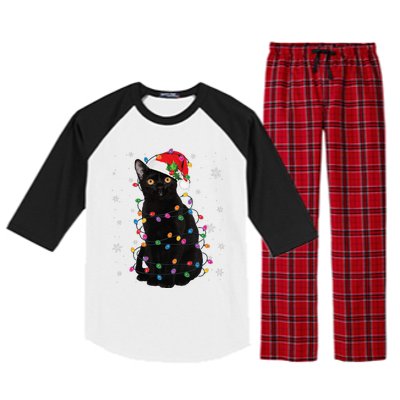 Black Cat Christmas Santa Hat Lights Pajama Xmas Cat Lover Raglan Sleeve Pajama Set