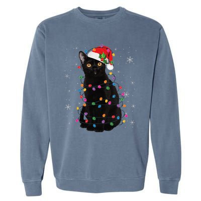 Black Cat Christmas Santa Hat Lights Pajama Xmas Cat Lover Garment-Dyed Sweatshirt