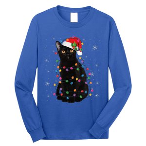 Black Cat Christmas Santa Hat Lights Pajama Xmas Cat Lover Long Sleeve Shirt