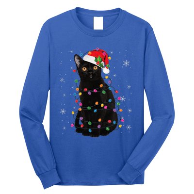 Black Cat Christmas Santa Hat Lights Pajama Xmas Cat Lover Long Sleeve Shirt