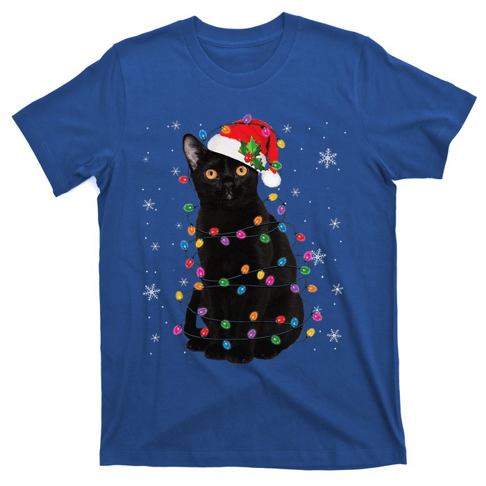 Black Cat Christmas Santa Hat Lights Pajama Xmas Cat Lover T-Shirt