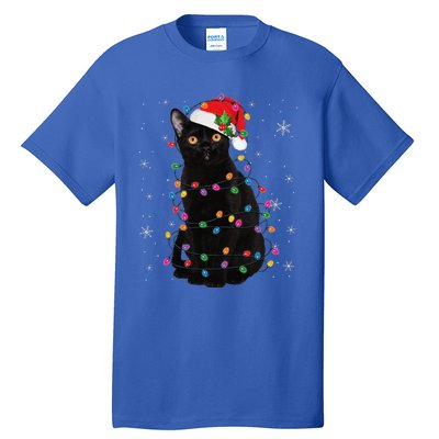 Black Cat Christmas Santa Hat Lights Pajama Xmas Cat Lover Tall T-Shirt