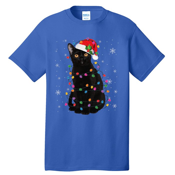 Black Cat Christmas Santa Hat Lights Pajama Xmas Cat Lover Tall T-Shirt