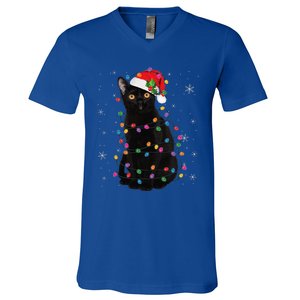 Black Cat Christmas Santa Hat Lights Pajama Xmas Cat Lover V-Neck T-Shirt