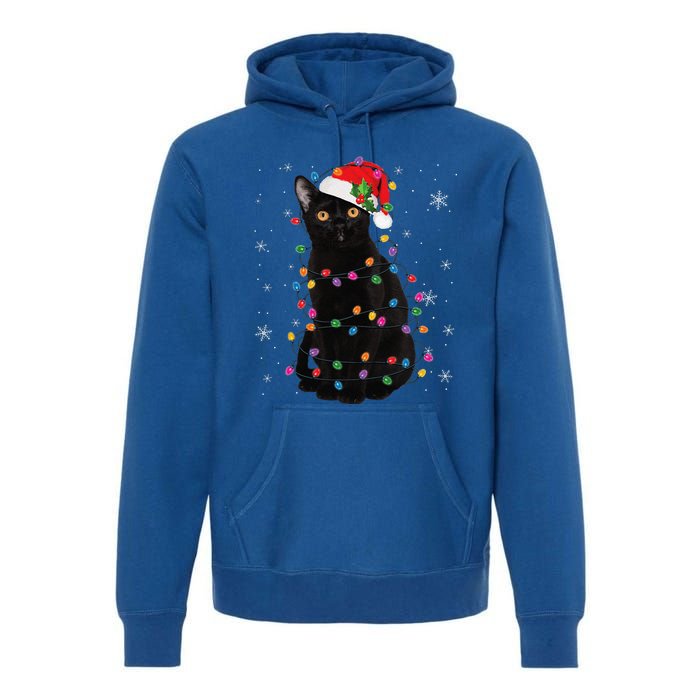 Black Cat Christmas Santa Hat Lights Pajama Xmas Cat Lover Premium Hoodie