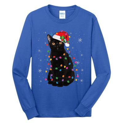 Black Cat Christmas Santa Hat Lights Pajama Xmas Cat Lover Tall Long Sleeve T-Shirt