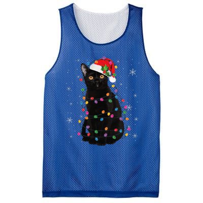 Black Cat Christmas Santa Hat Lights Pajama Xmas Cat Lover Mesh Reversible Basketball Jersey Tank