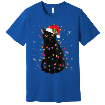 Black Cat Christmas Santa Hat Lights Pajama Xmas Cat Lover Premium T-Shirt