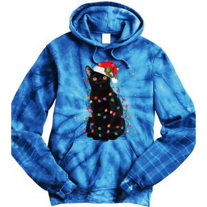 Black Cat Christmas Santa Hat Lights Pajama Xmas Cat Lover Tie Dye Hoodie