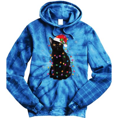 Black Cat Christmas Santa Hat Lights Pajama Xmas Cat Lover Tie Dye Hoodie