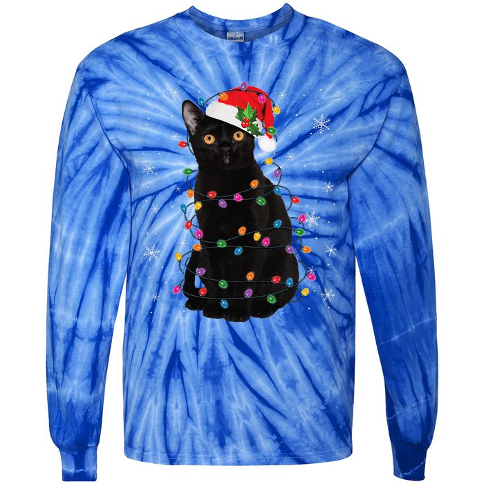 Black Cat Christmas Santa Hat Lights Pajama Xmas Cat Lover Tie-Dye Long Sleeve Shirt