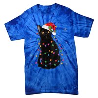 Black Cat Christmas Santa Hat Lights Pajama Xmas Cat Lover Tie-Dye T-Shirt