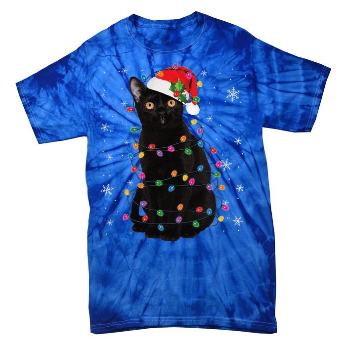 Black Cat Christmas Santa Hat Lights Pajama Xmas Cat Lover Tie-Dye T-Shirt