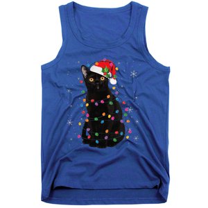 Black Cat Christmas Santa Hat Lights Pajama Xmas Cat Lover Tank Top