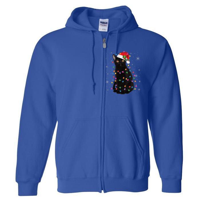 Black Cat Christmas Santa Hat Lights Pajama Xmas Cat Lover Full Zip Hoodie