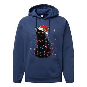 Black Cat Christmas Santa Hat Lights Pajama Xmas Cat Lover Performance Fleece Hoodie