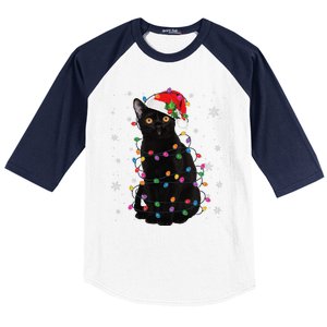 Black Cat Christmas Santa Hat Lights Pajama Xmas Cat Lover Baseball Sleeve Shirt