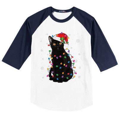 Black Cat Christmas Santa Hat Lights Pajama Xmas Cat Lover Baseball Sleeve Shirt