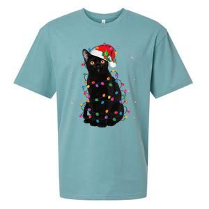 Black Cat Christmas Santa Hat Lights Pajama Xmas Cat Lover Sueded Cloud Jersey T-Shirt