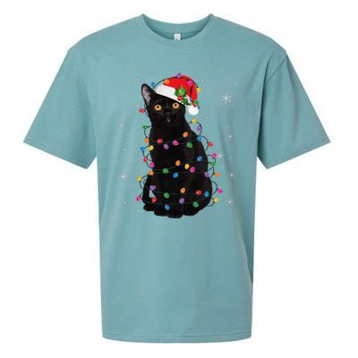 Black Cat Christmas Santa Hat Lights Pajama Xmas Cat Lover Sueded Cloud Jersey T-Shirt