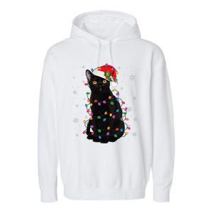 Black Cat Christmas Santa Hat Lights Pajama Xmas Cat Lover Garment-Dyed Fleece Hoodie