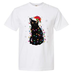 Black Cat Christmas Santa Hat Lights Pajama Xmas Cat Lover Garment-Dyed Heavyweight T-Shirt