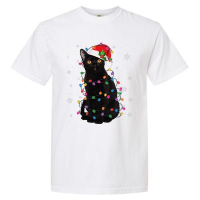 Black Cat Christmas Santa Hat Lights Pajama Xmas Cat Lover Garment-Dyed Heavyweight T-Shirt