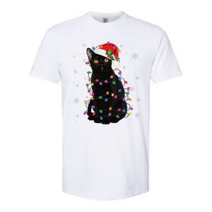 Black Cat Christmas Santa Hat Lights Pajama Xmas Cat Lover Softstyle CVC T-Shirt