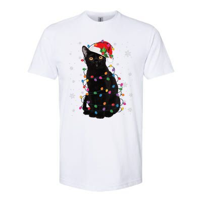 Black Cat Christmas Santa Hat Lights Pajama Xmas Cat Lover Softstyle CVC T-Shirt