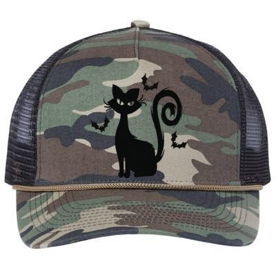 Black Cute Cat With Bats Funny Spooky Halloween Retro Rope Trucker Hat Cap