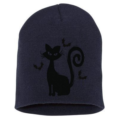 Black Cute Cat With Bats Funny Spooky Halloween Short Acrylic Beanie