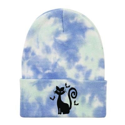 Black Cute Cat With Bats Funny Spooky Halloween Tie Dye 12in Knit Beanie