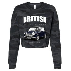 British Classic Car Dark Blue Mini Sports Car Cropped Pullover Crew