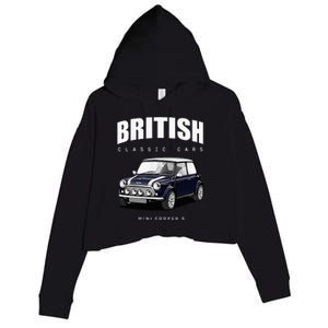 British Classic Car Dark Blue Mini Sports Car Crop Fleece Hoodie