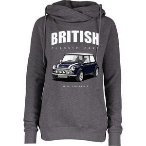 British Classic Car Dark Blue Mini Sports Car Womens Funnel Neck Pullover Hood