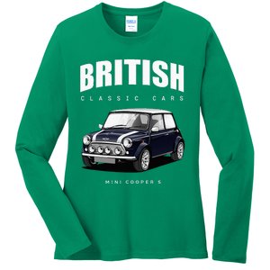 British Classic Car Dark Blue Mini Sports Car Ladies Long Sleeve Shirt